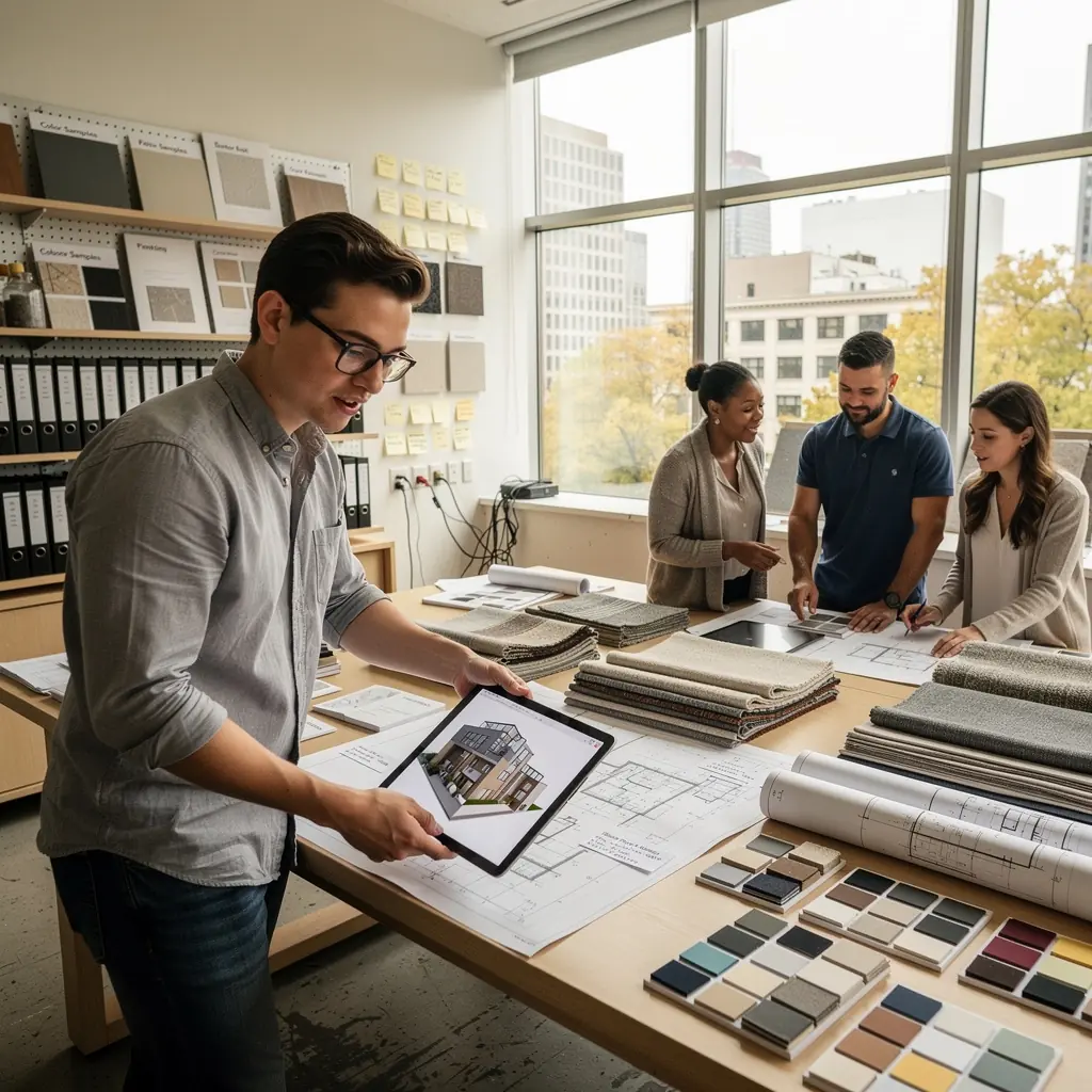 Minimalistyczne wnętrze z neutralnymi kolorami i naturalnymi materiałami.