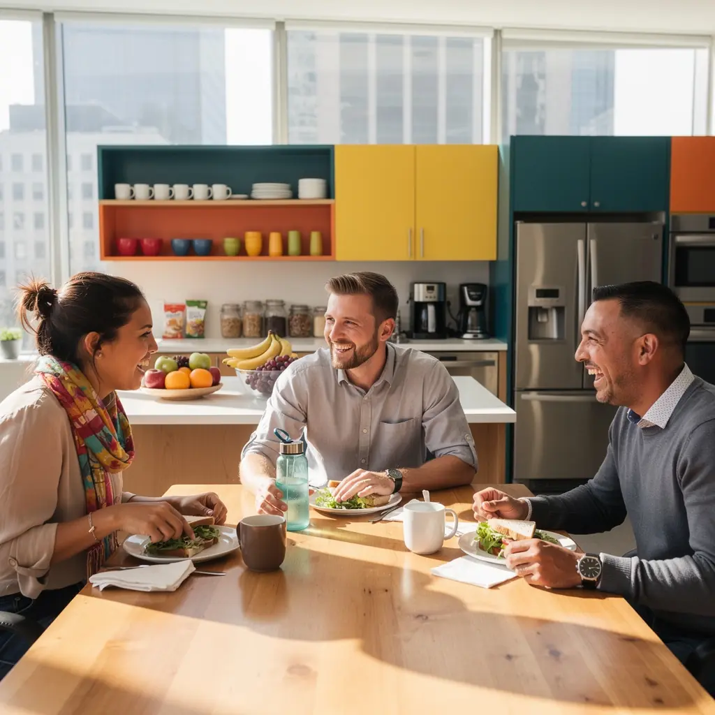 Przykład biura z elementami brandingowymi i przemyślanym rozmieszczeniem znaków.
