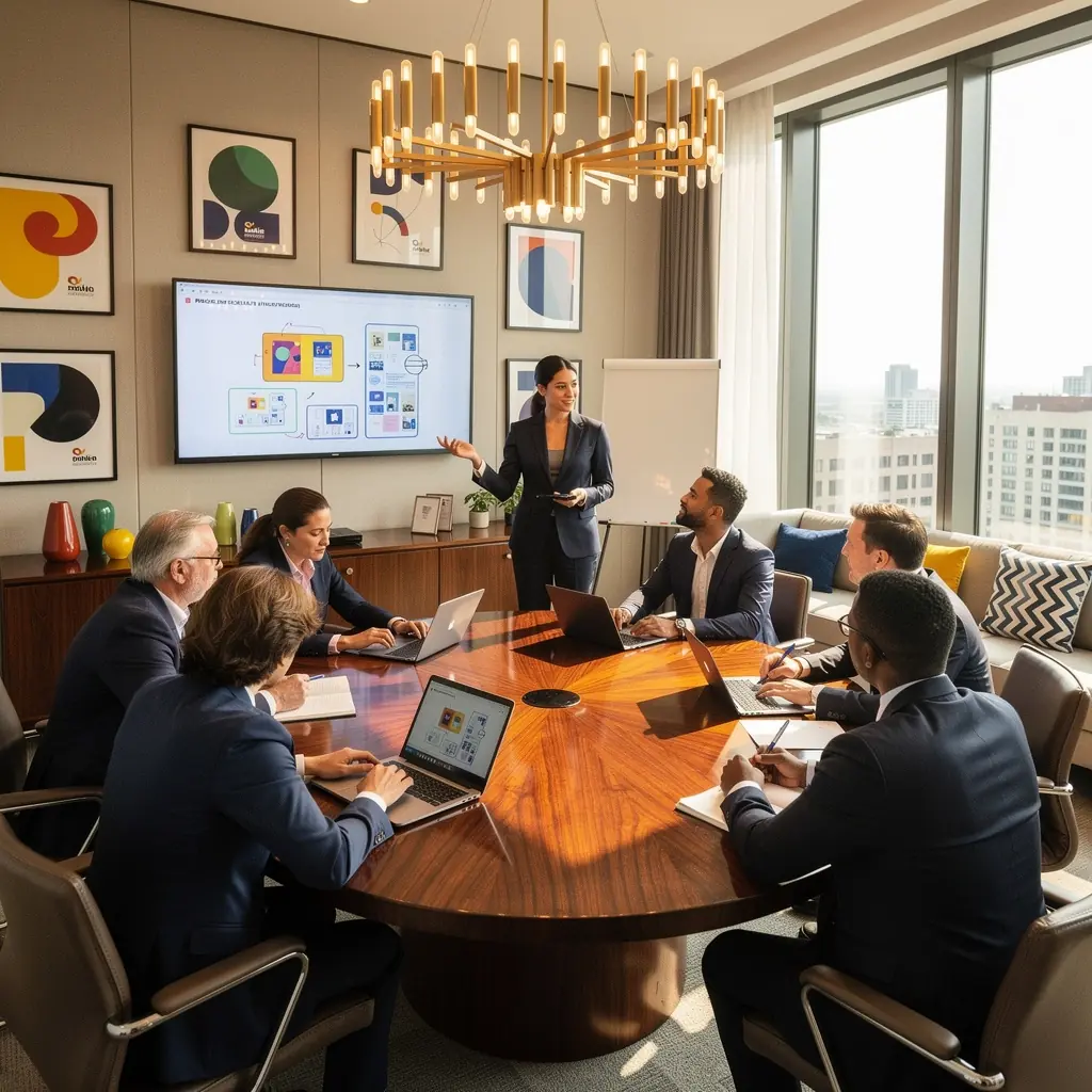 Stylowe miejsce pracy z ergonomicznymi meblami i ciepłym oświetleniem.