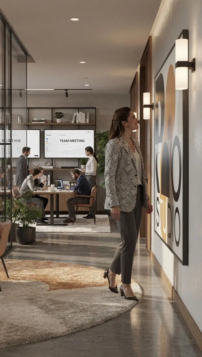 Biuro z przestrzenią do współpracy, wypełnione naturalnym światłem i roślinami.